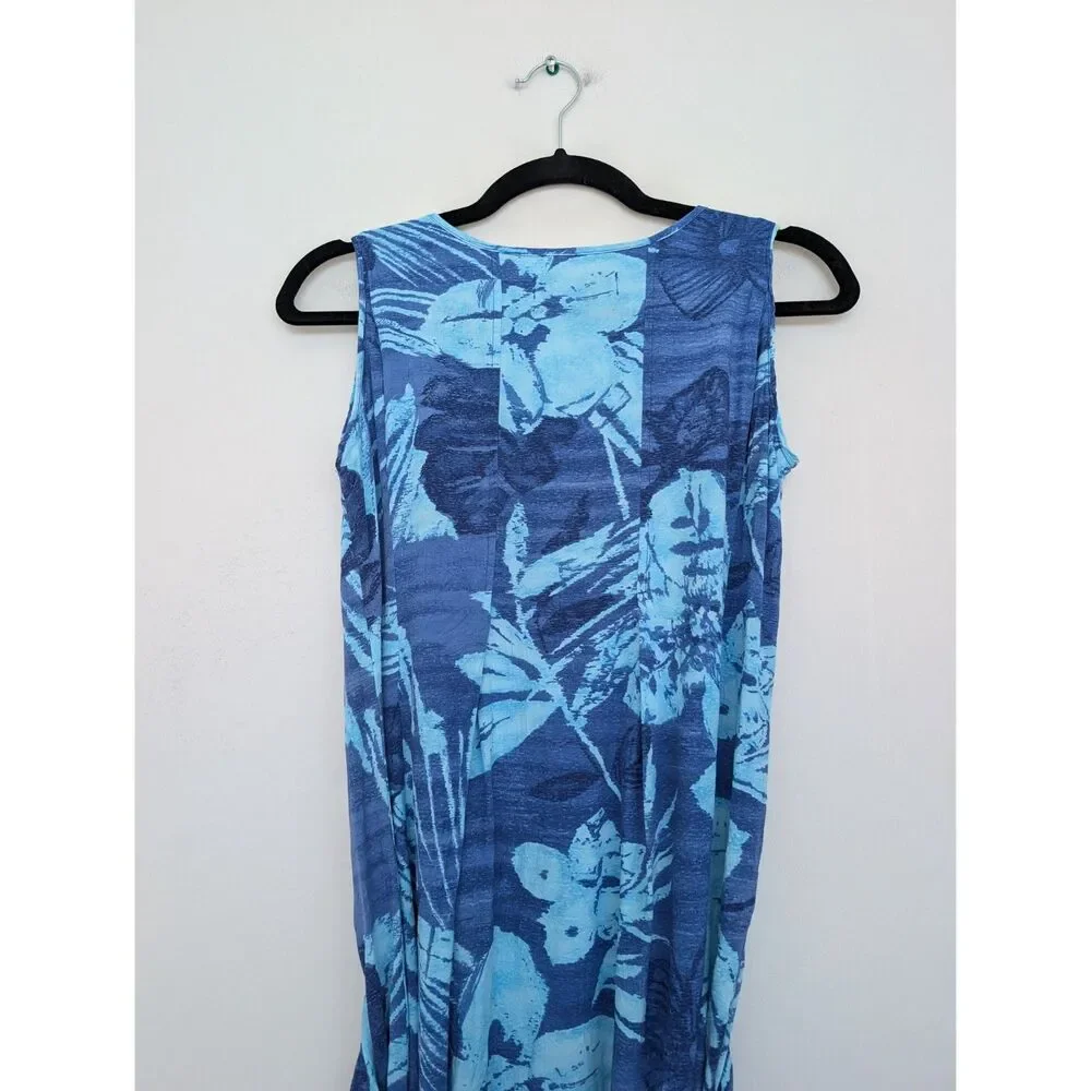 Jams World Blue Tropical Floral Print Sleeveless Babydoll Tie Dress Sz M